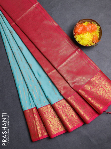 Semi soft silk saree teal blue and pink with allover zari weaves & buttas and zari woven border