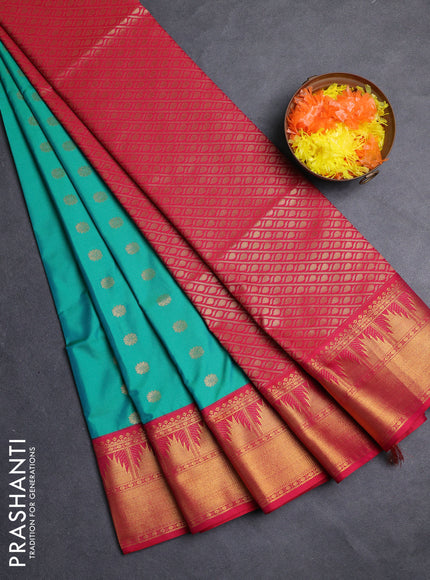 Semi soft silk saree teal green and red with allover zari woven buttas and zari woven border