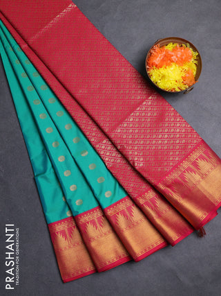 Semi soft silk saree teal green and red with allover zari woven buttas and zari woven border