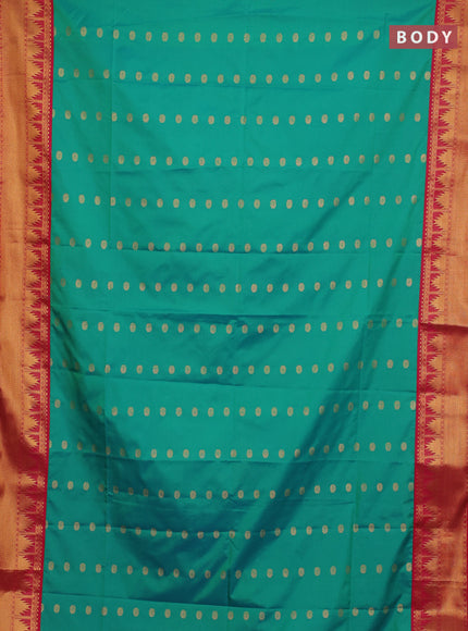Semi soft silk saree teal green and red with allover zari woven buttas and zari woven border