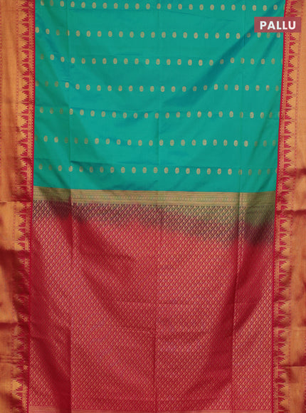 Semi soft silk saree teal green and red with allover zari woven buttas and zari woven border