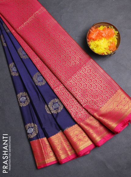 Semi soft silk saree navy blue and pink with allover zari woven buttas and zari woven border