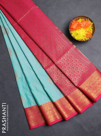 Semi soft silk saree teal blue and pink with allover zari woven buttas and zari woven border