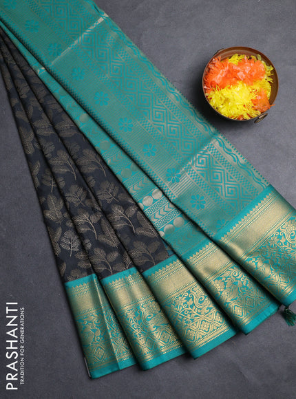 Semi soft silk saree elephant grey and teal green with allover zari woven brocade weaves and zari woven border