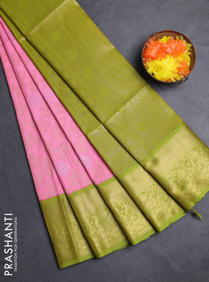 Semi soft silk saree peach pink and light green with allover zari woven brocade weaves and zari woven border