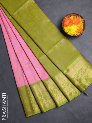 Semi soft silk saree peach pink and light green with allover zari woven brocade weaves and zari woven border