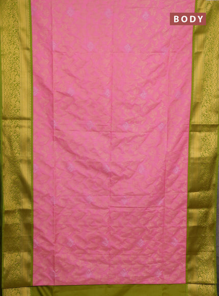 Semi soft silk saree peach pink and light green with allover zari woven brocade weaves and zari woven border