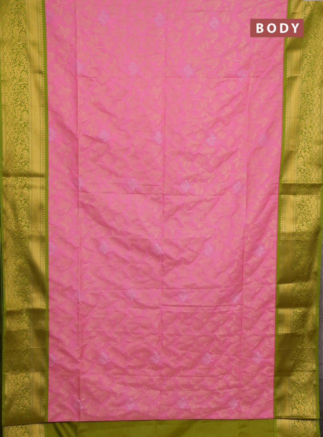 Semi soft silk saree peach pink and light green with allover zari woven brocade weaves and zari woven border