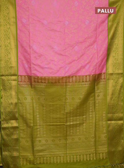 Semi soft silk saree peach pink and light green with allover zari woven brocade weaves and zari woven border