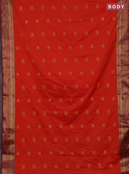 Semi soft silk saree orange and purple with allover zari woven buttas and zari woven border