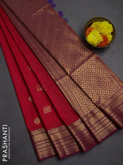 Semi soft silk saree red and purple with allover zari woven buttas and zari woven border