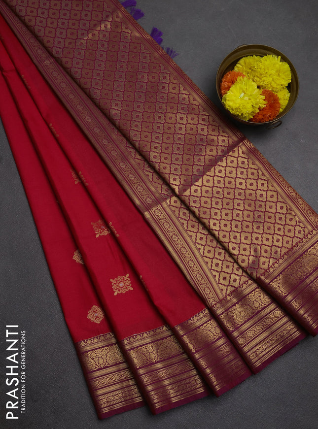 Semi soft silk saree red and purple with allover zari woven buttas and zari woven border