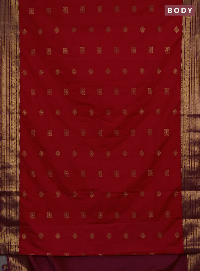 Semi soft silk saree red and purple with allover zari woven buttas and zari woven border