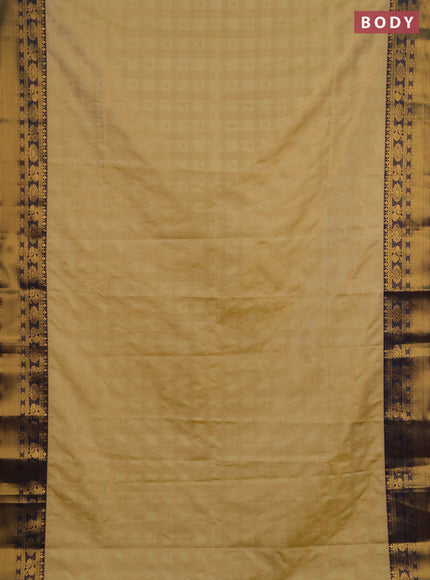 Semi soft silk saree pale yellow and navy blue with allover zari checks & buttas and rich zari woven border