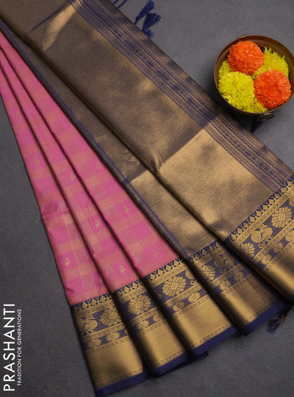 Semi soft silk saree pink and navy blue with allover zari checks & buttas and rich zari woven border