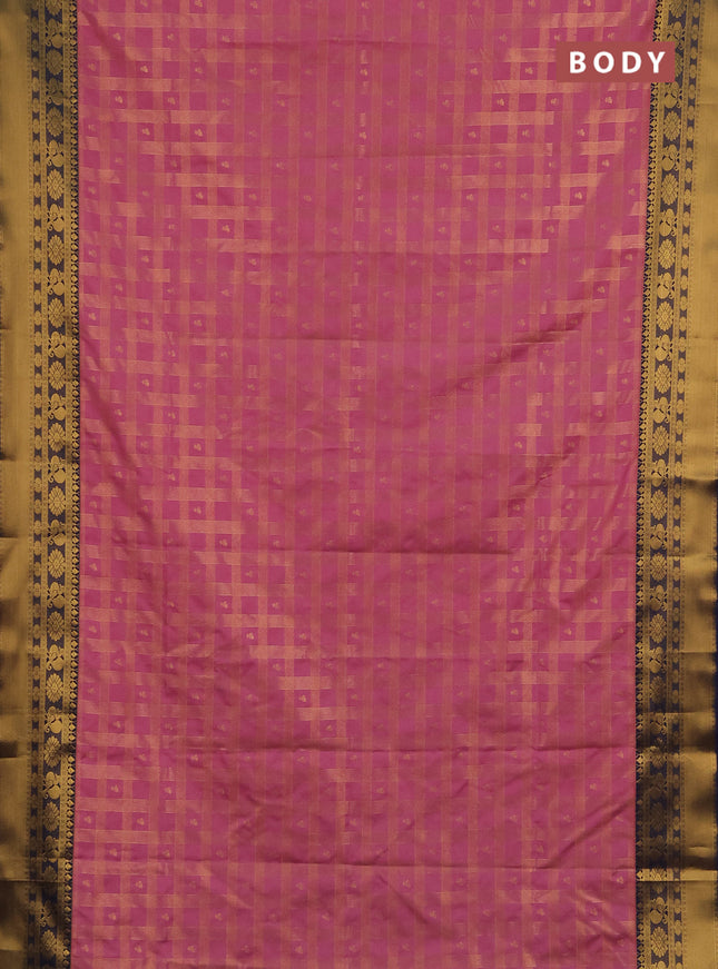 Semi soft silk saree pink and navy blue with allover zari checks & buttas and rich zari woven border