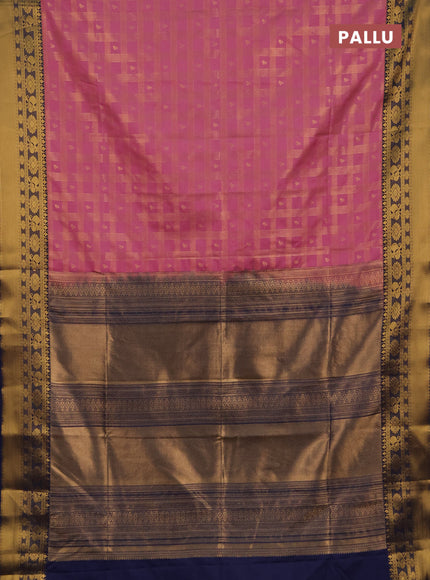 Semi soft silk saree pink and navy blue with allover zari checks & buttas and rich zari woven border