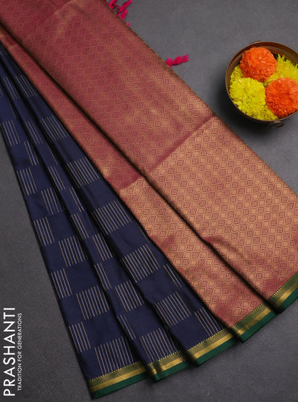 Semi soft silk saree dark navy blue and green pink with allover silver & gold zari woven buttas and zari woven piping border