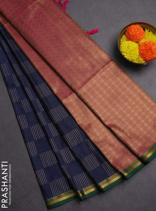 Semi soft silk saree dark navy blue and green pink with allover silver & gold zari woven buttas and zari woven piping border