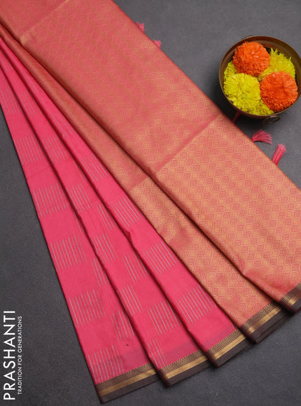 Semi soft silk saree pink and green with allover silver & gold zari woven buttas and zari woven piping border