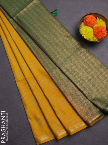 Semi soft silk saree mustad yellow and green with allover silver & gold zari woven buttas and zari woven piping border