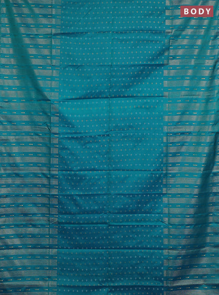 Semi soft silk saree teal green and purple with allover silver & gold zari woven buttas