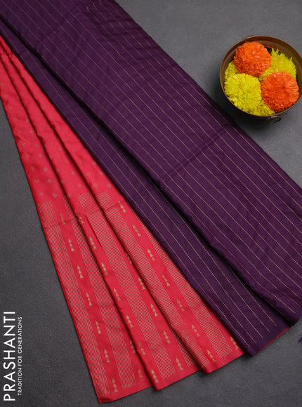 Semi soft silk saree tomato pink and deep purple with allover silver & gold zari woven buttas