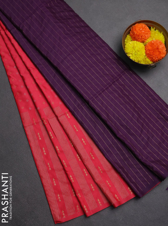 Semi soft silk saree tomato pink and deep purple with allover silver & gold zari woven buttas