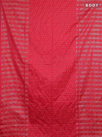 Semi soft silk saree tomato pink and deep purple with allover silver & gold zari woven buttas