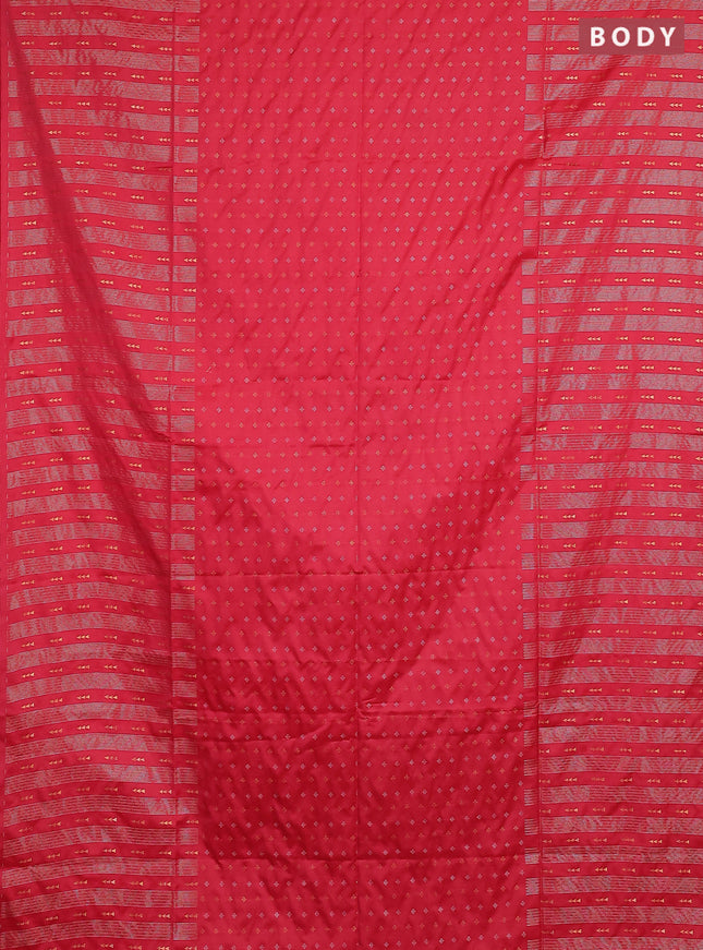 Semi soft silk saree tomato pink and deep purple with allover silver & gold zari woven buttas