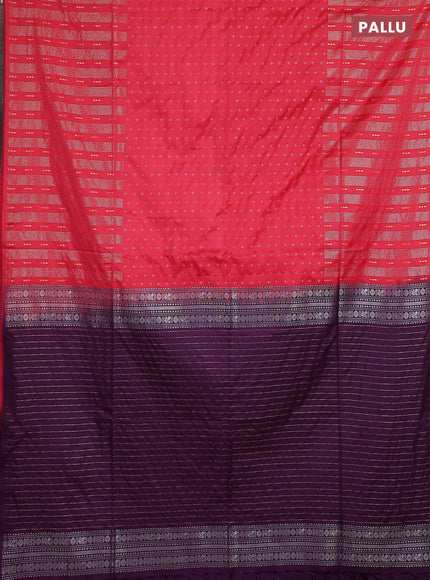 Semi soft silk saree tomato pink and deep purple with allover silver & gold zari woven buttas