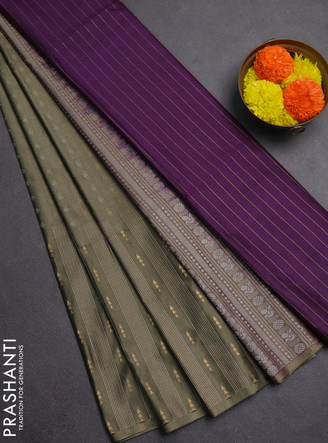 Semi soft silk saree olive green and deep purple with allover silver & gold zari woven buttas and long zari woven border