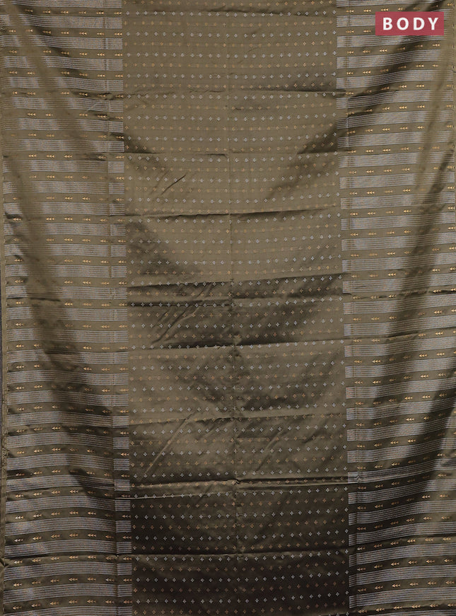 Semi soft silk saree olive green and deep purple with allover silver & gold zari woven buttas and long zari woven border