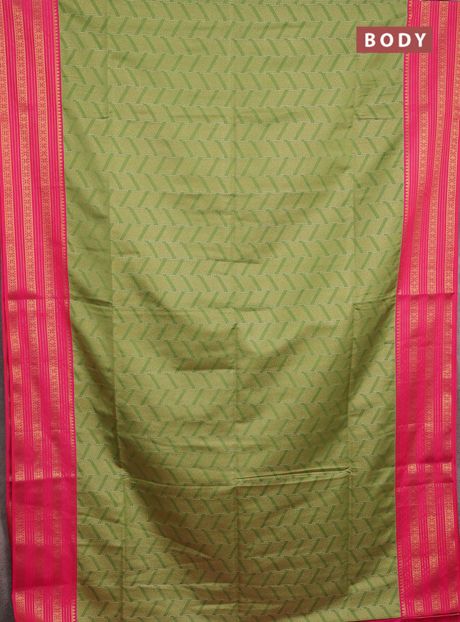 Semi soft silk saree green and pink with allover zari brocade weaves and zari woven border