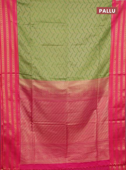 Semi soft silk saree green and pink with allover zari brocade weaves and zari woven border