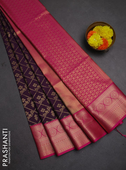 Semi soft silk saree purple and pink with allover zari check & buttas and zari woven border