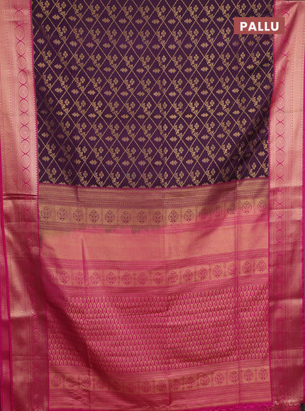 Semi soft silk saree purple and pink with allover zari check & buttas and zari woven border