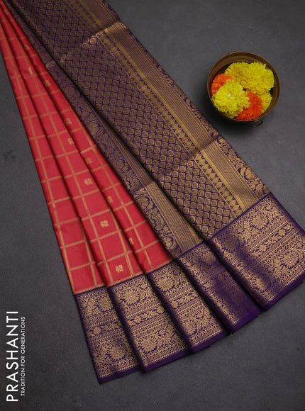 Semi soft silk saree peach pink and purple with allover zari check & buttas and zari woven border