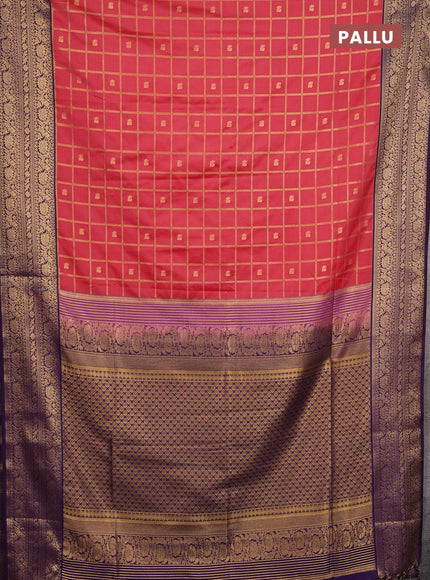 Semi soft silk saree peach pink and purple with allover zari check & buttas and zari woven border