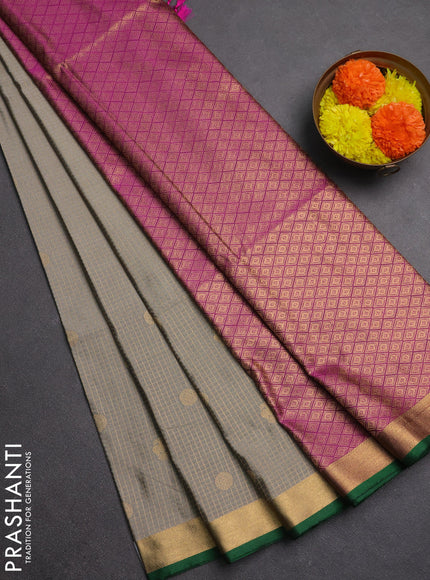 Semi soft silk saree grey shade and green magenta pink with allover zari checks & buttas and rich zari woven border
