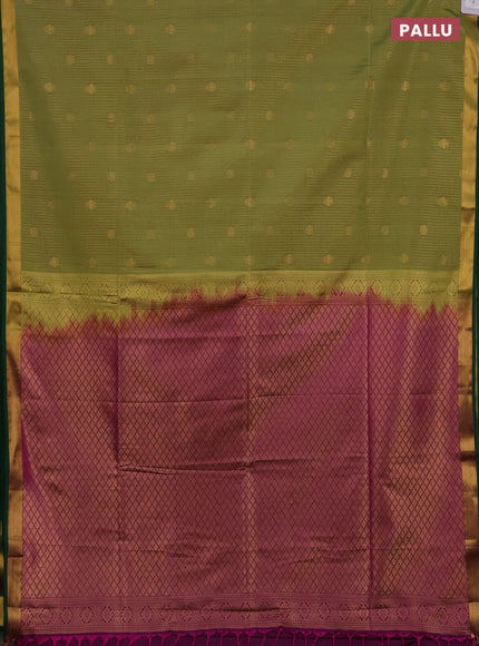 Semi soft silk saree green and green magenta pink with allover zari checks & buttas and rich zari woven border