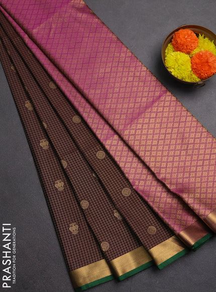 Semi soft silk saree coffee brown and green magenta pink with allover zari checks & buttas and rich zari woven border