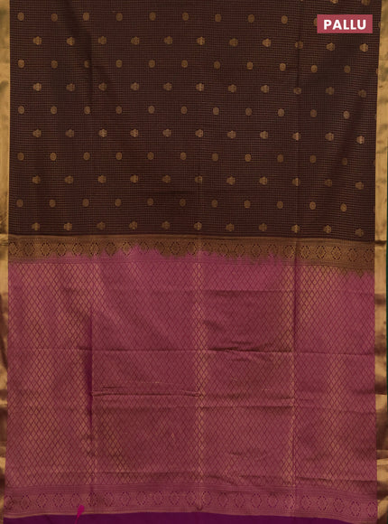 Semi soft silk saree coffee brown and green magenta pink with allover zari checks & buttas and rich zari woven border