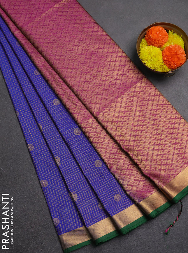 Semi soft silk saree blue and green with allover zari checks & buttas and rich zari woven border