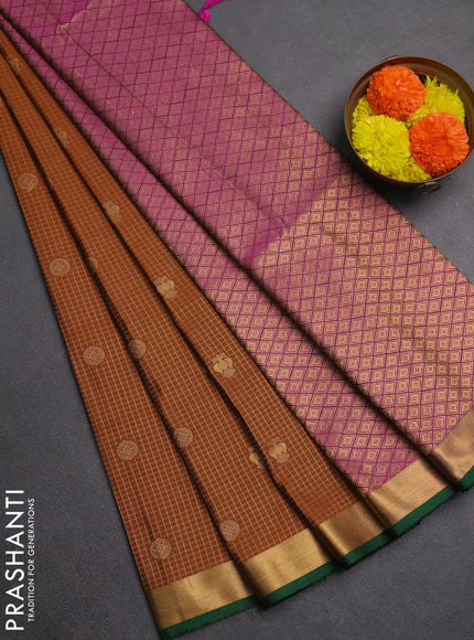 Semi soft silk saree rust shade and green magenta pink with allover zari checks & buttas and rich zari woven border