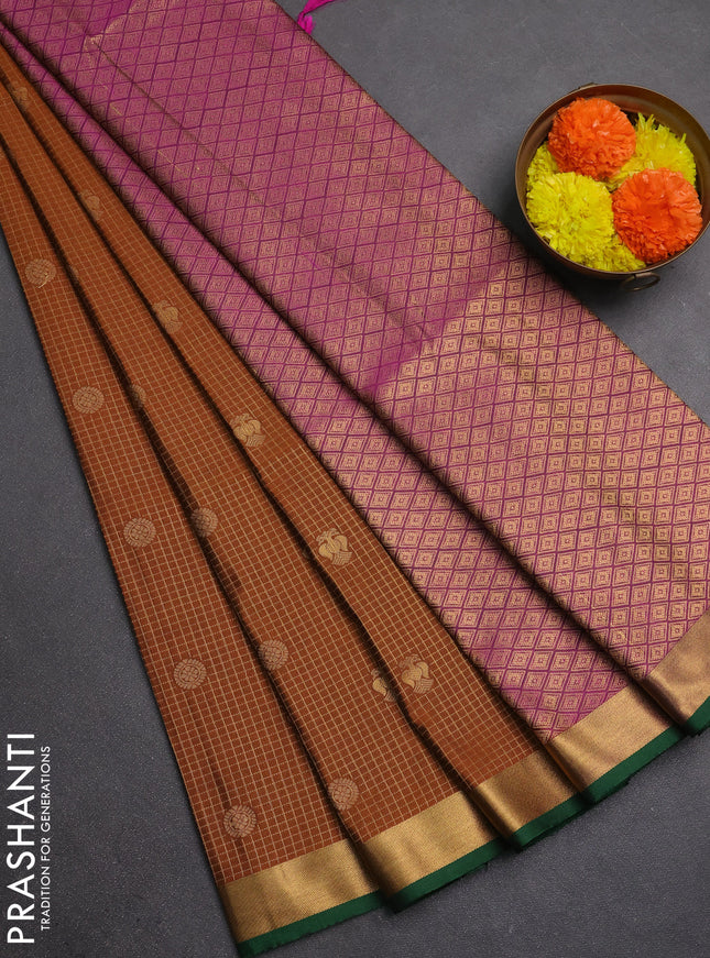 Semi soft silk saree rust shade and green magenta pink with allover zari checks & buttas and rich zari woven border