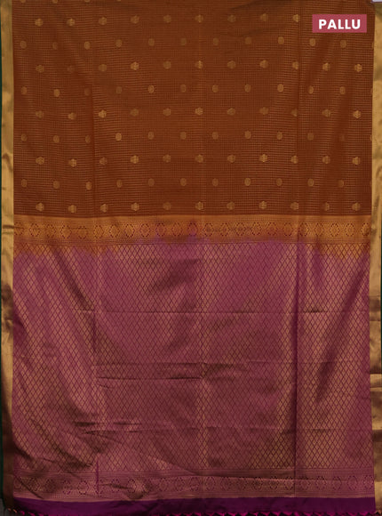 Semi soft silk saree rust shade and green magenta pink with allover zari checks & buttas and rich zari woven border