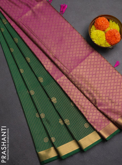 Semi soft silk saree green and magenta pink with allover zari checks & buttas and rich zari woven border