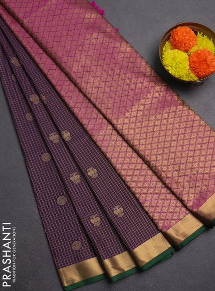 Semi soft silk saree purple and green with allover zari checks & buttas and rich zari woven border