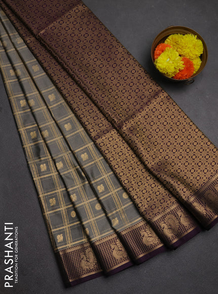 Semi soft silk saree grey and purple with allover zari checks & buttas and zari woven border